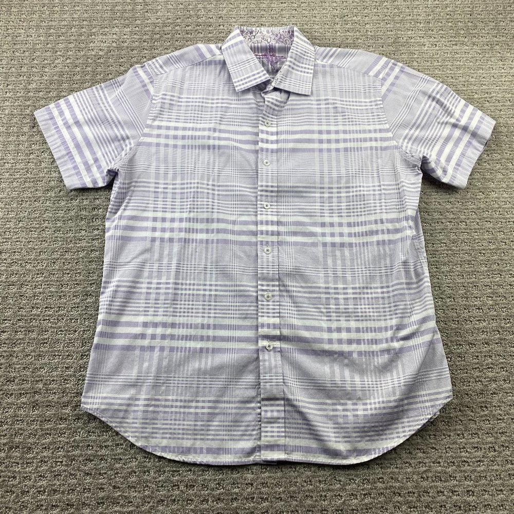 Robert Graham Shirt Men Medium M White Purple Plaid Button Up Casual Embroidered